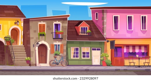 Old Italian town street with cafe. Vector cartoon illustration of traditional European architecture, stone paved road, houses with balconies and shutters on windows decorated with flowers, sunny day