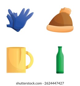 Old item icons set cartoon vector. Clothing and household waste. Ecology, environmental care