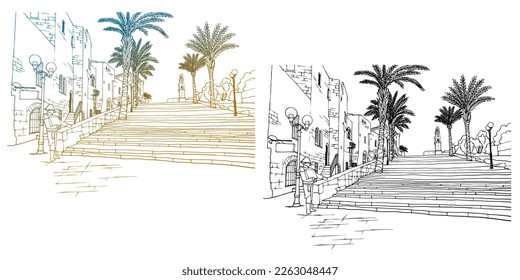 Old Jaffa. Tel Aviv. Israel. Colourful and black and white sketch. Hand drawn vector illustration on white. Line art.