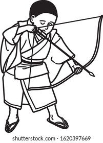Old Japan. A child tries to strike an arrow of a talisman.An arrow of a talisman is called "Hamaya".