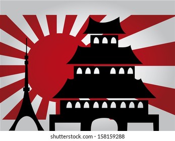 the old japan flag with some black silhouettes of some buildings