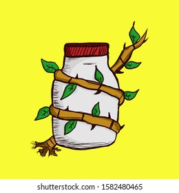 an old jar wrapped in rooted plants