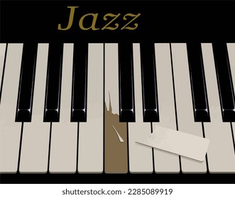 An old jazz piano keyboard has a broken key from aggressive piano playing. The emblem on the piano says Jazz in this close up look. This is a vector illustration.