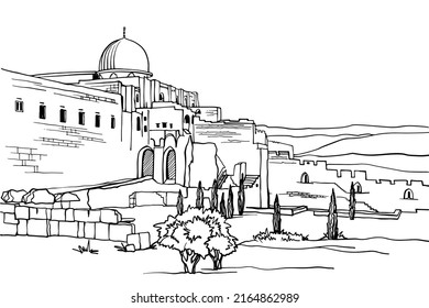 Old Jerusalem. Nice view of the domes and walls of the ancient city. Hand drawn sketch. Urban sketch. Line art. Ink drawing. Black and white vector illustration. Postcards style. Without people.