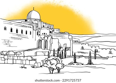 Old Jerusalem. Nice view of the domes and walls of the ancient city. Hand drawn sketch. Urban sketch. Line art. Ink drawing. Black and white vector illustration. Postcards style. Without people.