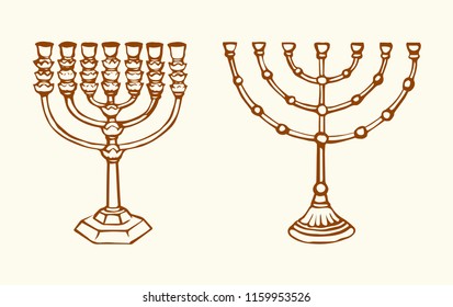 Old judaic chanukah heritage souvenir. Freehand line black ink hand drawn hanuka picture logo emblem sketchy in retro art scribble cartoon style pen on white paper backdrop. Closeup and space for text