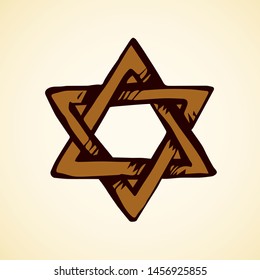 Old judaic chanukkah magen shape heritage. God torah chanukah yiddish day logo emblem. Gold color hand drawn zion ethnic hannukah frame in retro art doodle cartoon style on white paper pattern to text