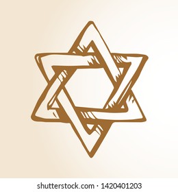 Old judaic chanukkah magen yiddish shape heritage. God torah chanukah logo emblem. Line black ink hand drawn zion hannukah frame in retro art doodle cartoon style pen on white paper pattern for text