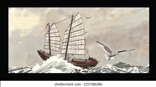 Old junk on a rough sea - vector illustration