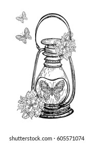 An old kerosene lamp with blossoms and a butterfly inside. Vector illustration for print or greeting card. Decorative vintage element for the design of tourism. Lantern in retro style. coloring.