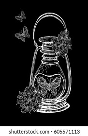 An old kerosene lamp with blossoms and a butterfly inside. Vector illustration for print or greeting card. Decorative vintage element for the design of tourism. Lantern in retro style.