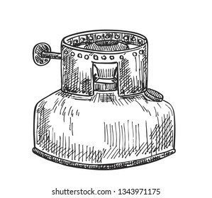 Old kerosene lamp. Camping lantern icon. Vector camp lamp. Lamp sketch.