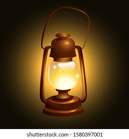 an old kerosene lamp shines in the dark