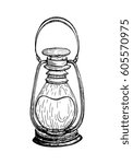 An old kerosene lamp. Vector illustration for print or greeting card. Decorative vintage element for the design of tourism. Lantern in retro style. Linear drawing by hand.