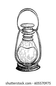 An old kerosene lamp. Vector illustration for print or greeting card. Decorative vintage element for the design of tourism. Lantern in retro style. Linear drawing by hand.