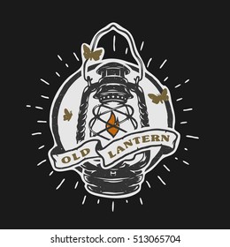 Old kerosene lamp. Vintage emblem.