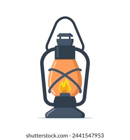 Old kerosene or oil vintage lantern with burning wick and holder. Camping or mine illumination. Old style lighting equipment. Vector illustration