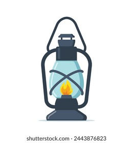 Old kerosene or oil vintage lantern with burning wick and holder. Camping or mine illumination. Old style lighting equipment. Vector illustration