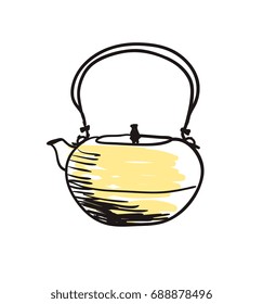 Old kettle hand drawn icon isolated on white background vector illustration. Japan ethnic culture element.