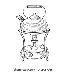 Old kettle on primus stove sketch engraving vector illustration. Scratch board style imitation. Hand drawn image.