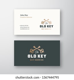 The Old Key Abstract Vector Sign or Logo and Business Card Template. Premium Stationary Realistic Mock Up. Crossed Keys Sillhouettes with Classy Retro Typography. Key Service Vintage Vector Emblem.