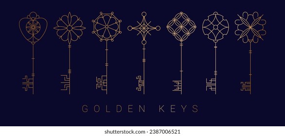 Old key. Antique lock skeleton different forms, ornate line ancient secret, decorative symbol, medieval treasure. Golden decorative element. Logo design. Vector creative luxury icon, garish collection