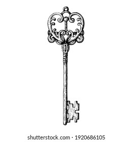 Old key. Black and white illustration on a white background.