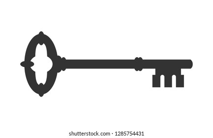 Old key from door icon. Ancient key black symbol isolated on white background. Vector illustration