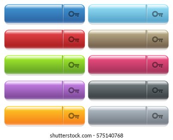 Old key engraved style icons on long, rectangular, glossy color menu buttons. Available copyspaces for menu captions.
