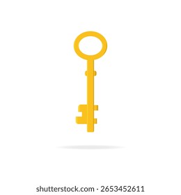 Old key flat design. Bright yellow key with simple design against a neutral background for unlocking doors or possibilities. Vector Stock