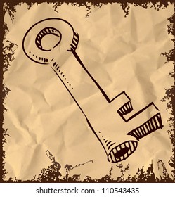 Old key icon isolated on vintage background. Hand drawing sketch vector illustration