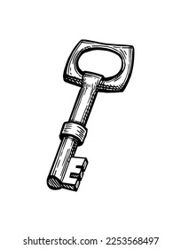 Old key. Ink sketch isolated on white background. Hand drawn vector illustration. Retro style.