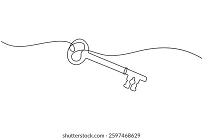 Old key line art silhouette. One line continuous outline vector illustration, Key line background. One continuous line drawing of key.