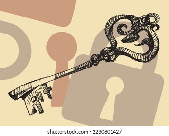 Dibujo de línea de clave antigua. Dibujo ilustrativo. Llave antigua de época. Tecla mágica en forma de serpiente