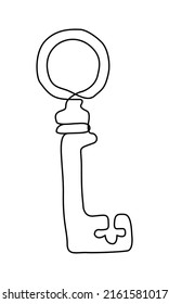 Old key outline drawing. Hand drawn minimalist key illustration for hotel room, home, car, locker. Vector element for real estate sale or rental. Continuous line access icon, web security keys concept