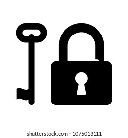 Old key and padlock silhouettes, isolated vector objects.