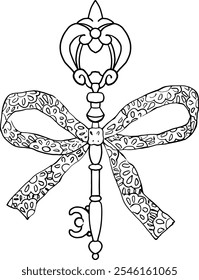 Old key with a ribbon bow, isolated on a white background. Can be used for designs related to protection, and mysticism. Logo for locksmiths, illustrations for fantasy stories, graphics for websites.