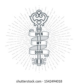 Old key   ribbon concept  Open my door sign  Monochrome realistic vector illustration