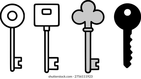Old key set icon illustration, in outline, silhouette, and colored styles, for antique or vintage design