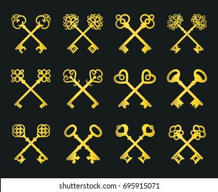Old key set isolated on black background in golden colors. Vector vintage gold crossed keys for safe logo or door access signs
