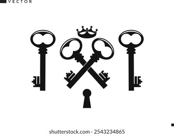 Old key silhouette. Vintage style vector. Isolated keyhole with keys and crown 