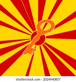 Old key symbol on a background of red flash explosion radial lines. The large orange symbol is located in the center of the sun, symbolizing the sunrise. Vector illustration on yellow background