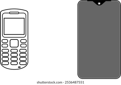 Telefone antigo do teclado vs. telefone de tela de toque isolado no fundo branco 