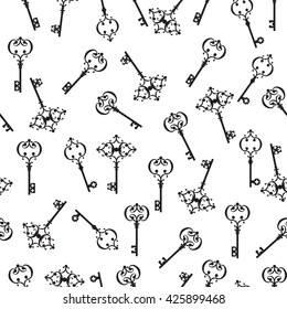 Old keys with decorative elements in retro style. Seamless pattern. Vector illustration