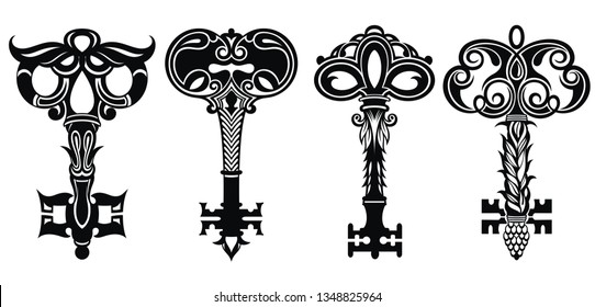 Old keys isolated on white background. Vintage keys