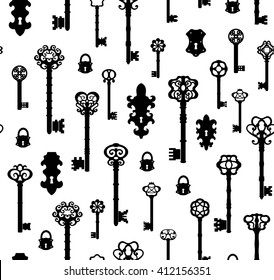 Old keys seamless with decorative antique elements in retro style