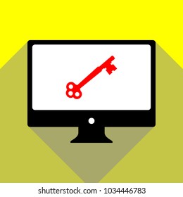 Old keys set with decorative elements in retro style. Vector. Red icon on white monitor of black all-in-one desktop computer with two shadows at yellow background.