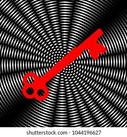 Old keys set with decorative elements in retro style. Vector. Red icon on white and black radial interference as background.