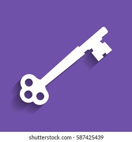 Old keys set with decorative elements in retro style. Vector. White icon with soft shadow on grape violet background.