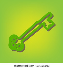 Old keys set with decorative elements in retro style. Vector. Green line icon with brown shadow at green-yellow background.